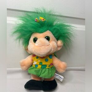VTG 1992 Trolio Troll Plush Doll Green Hair Yellow Dress 10”